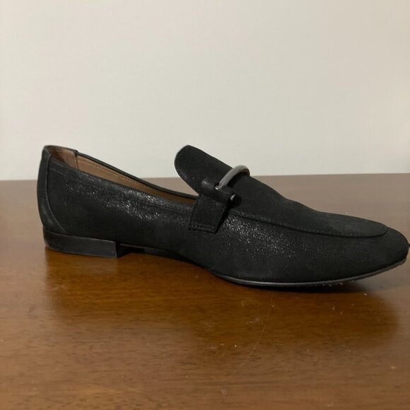 Linea Paolo Womens 9 1/2M Black Flat Loafters Silver Buckle Suede Classic Preppy - Picture 14 of 14